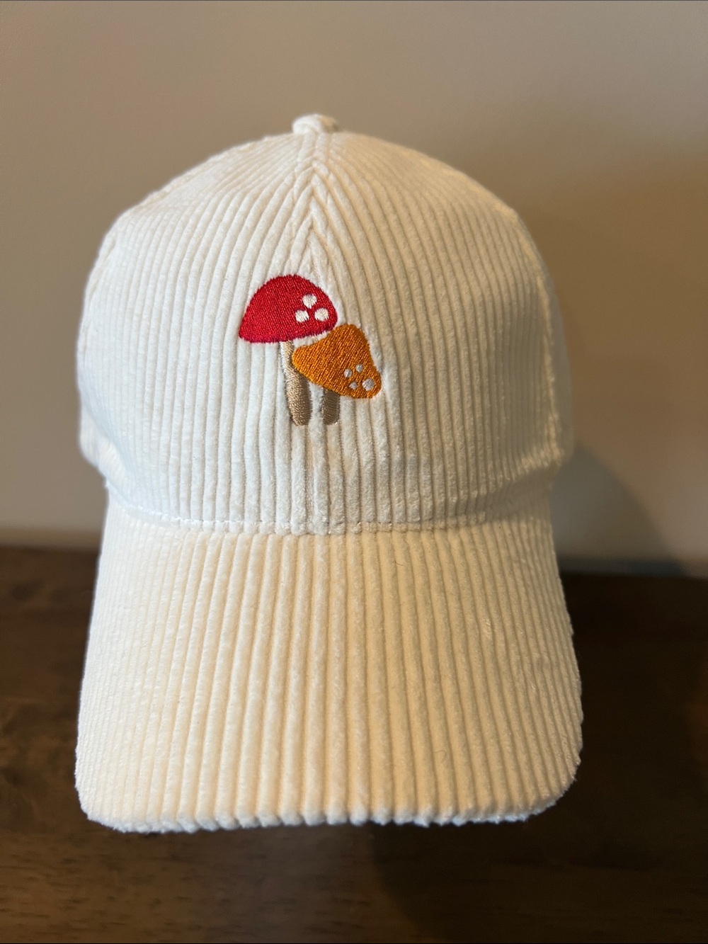 Cream Corduroy Baseball Cap with Embroidered Red & Mustard Mushrooms